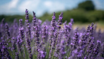 Obraz premium Close-up view of a field covered in vibrant purple lavender flowers with a soft-focus backdrop