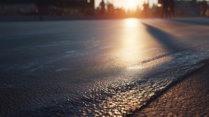 Low Wide Pavement Level — Fresh Asphalt Reflection and Tool Marks