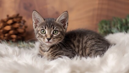 Obraz premium Adorable short-haired dark grey bengal kitten resting on a soft white fur blanket