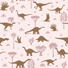 Prehistoric dinosaurs pattern background with Jurassic lizards and reptiles, seamless vector. Cartoon dinosaur silhouettes pattern of dino lizards and pterodactyl with tropical jungle palms background © Vector Tradition