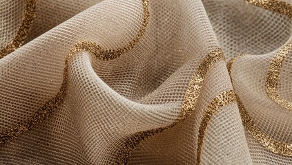 Textured fabric featuring shiny gold circular patterns and pleated design