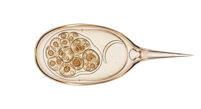 Microscopic view of a Schistosoma egg, showcasing its detailed internal cellular structure and distinctive pointed shape, on a dark background.