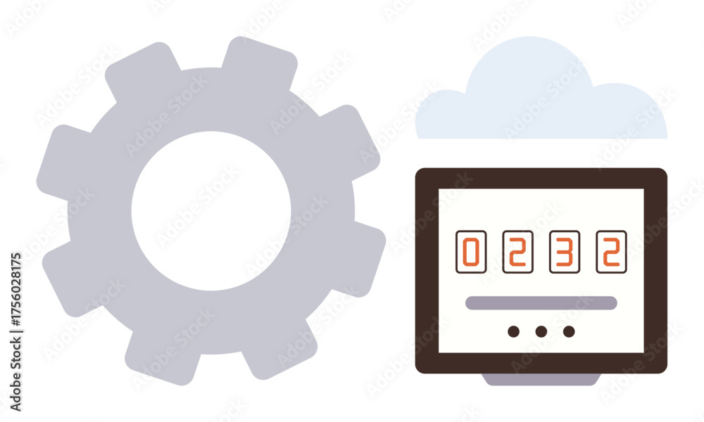 Wall mural gear next to digital counter under cloud representing automation, connectivity, and technology. idea
