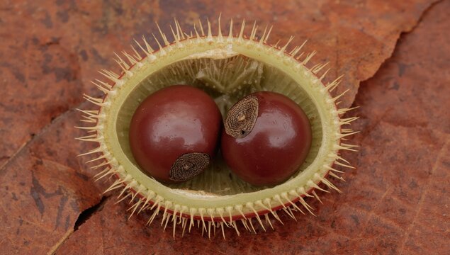 Close-up of an exposed chestnut with two brown nuts nestled side by side inside the spiky casing.