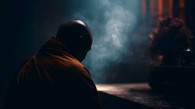 Serene Buddhist monk in deep meditation illuminated by soft light and mystic smoke - Powered by Adobe