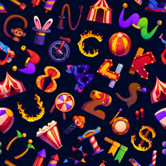 Cartoon circus font and carnival typeface seamless pattern, vector background. Circus letters pattern of big top tent, clown and cannon with bunny in magician hat with fire ring and funny monkey © Vector Tradition