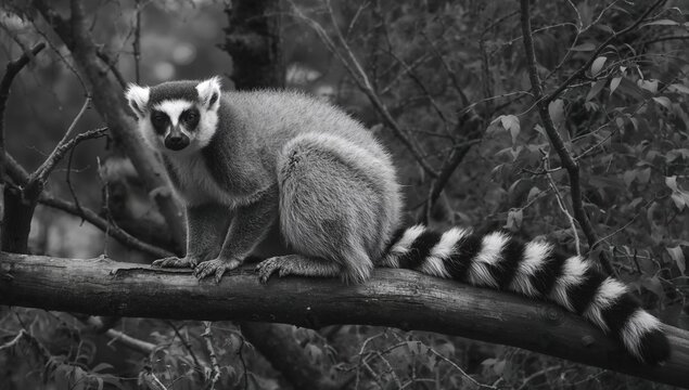 Monochrome lemur perched on a limb with distinctive fur patterns