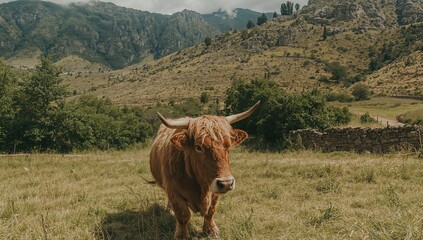 Livestock farm nestled in a rural setting during summer with lush greenery and mountainous backdrop