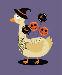 Illustration with a Duck Holding Balloons Boo and Wearing Magic Hat