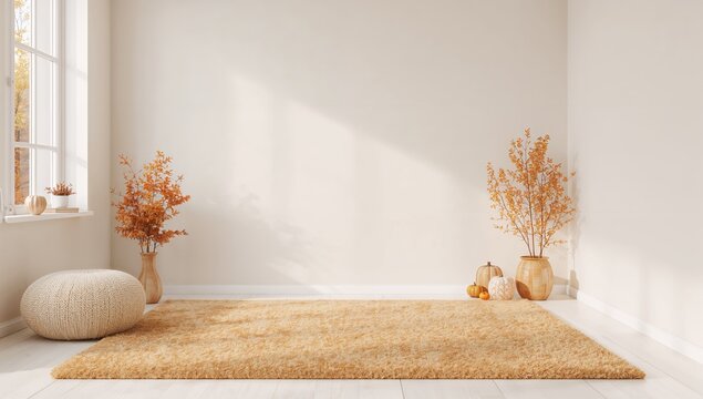 Empty living room adorned with autumn decorations, no people present, ideal for background use