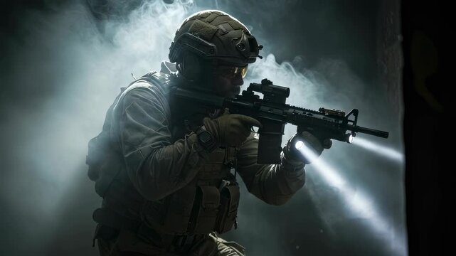 Male special forces operator with a tactical rifle flashlight on a military search operation in a smoky environment. Modern army footage.