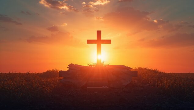 Easter Sunday theme with empty tomb and cross at sunset