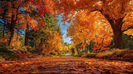 Autumn Scene with Tree-Lined Road Covered in Bright Orange and Red Fallen Leaves
