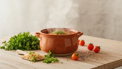 Lobio beans served in a clay pot on a pale wooden surface, featuring fresh ingredients and vibrant colors