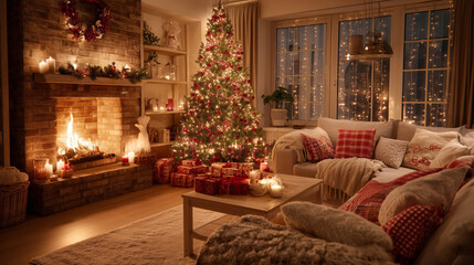 Warm and Cozy Christmas Living Room Interior with Fireplace and Beautifully Decorated Tree