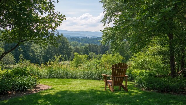 Scenic summer view with vibrant greenery and a tranquil wooden seat in a serene garden, ideal for unwinding in a picturesque outdoor setting
