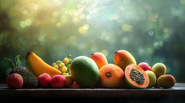Colorful Assortment of Fresh Fruits on Rustic Table with Bokeh