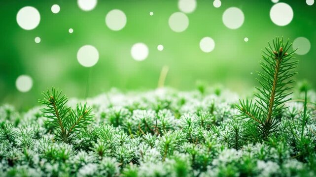A closeup shot captures the delicate beauty of tiny evergreen seedlings nestled in a bed of soft, mossy ground, with gentle snowflakes falling around them ai generated vedio