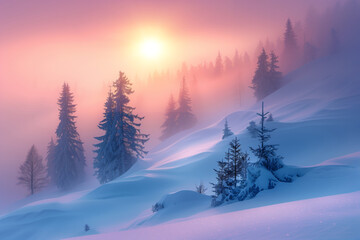 Winter Landscape with Snow, Fir Trees, Fog, and Pastel Sunset Sky