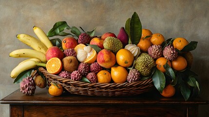 Fresh Tropical Fruits in a Decorative Basket on Wooden Table