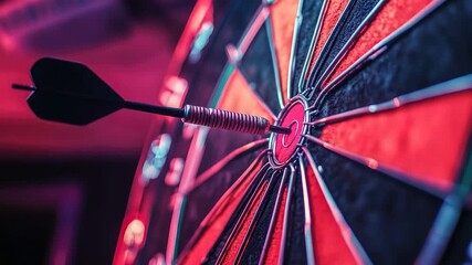 A close-up shot of a dart nestled perfectly in the center of a bullseye - Powered by Adobe