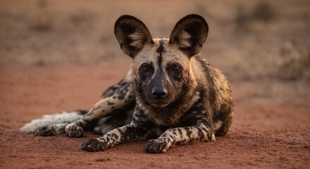 African wild dog lying on red ground in savanna