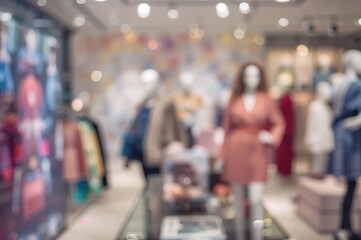 Obraz premium Interior of a fashion store with blurred mannequins and soft glowing lights