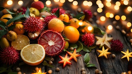 Colorful Arrangement of Exotic Fruits with Warm Holiday Lights