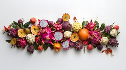 Vibrant Display of Exotic Fruits on White Surface Arrangement