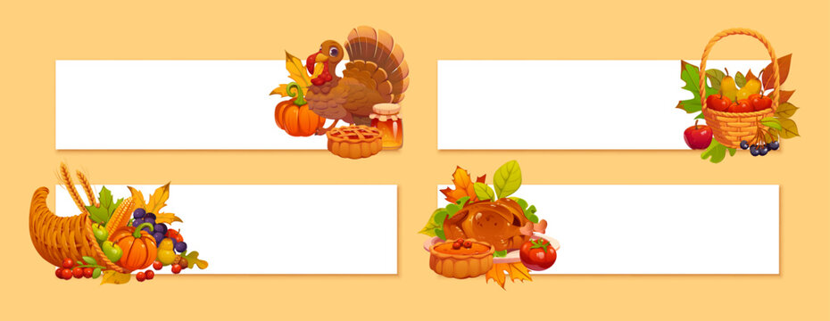 Thanksgiving Day holiday vector banners framed by autumn leaves, cornucopia, roasted turkey, grape, corn and honey jar, Thanksgiving dinner pumpkin pie and harvest fruit basket, autumn holiday themes