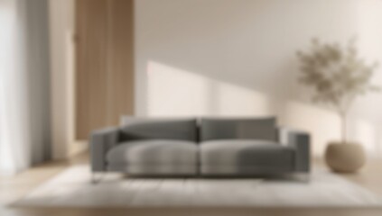 Contemporary interior design showcased in a softly focused living area with a gray couch and dynamic light contrasts