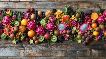 Vibrant Arrangement of Fresh Exotic Fruits on Rustic Wooden Background