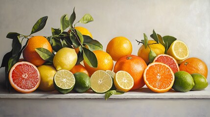 Fresh Citrus Fruits Display with Lush Green Leaves and Colors