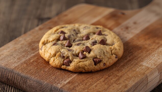 Chocolate chip cookie placed on a rustic wooden board, perfect for breakfast or dessert