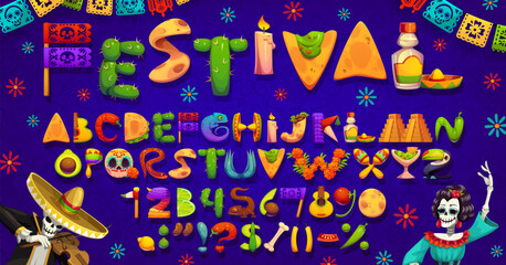 Mexican fiesta font, Mexico festival type, cartoon holiday typeface alphabet of kids featuring festive sugar skulls, sombreros, traditional symbols, national cuisine, papel picado and flowers letters