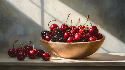 Fresh Cherries and Blackberries in Wooden Bowl with Soft Light