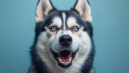 Obraz premium Adorable fluffy blue-coated canine with piercing icy eyes looks intently, blending charm and a hint of fierceness while howling.