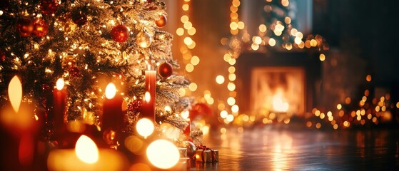 Christmas tree with candles and presents warm festive lighting holiday decorations cozy winter scene