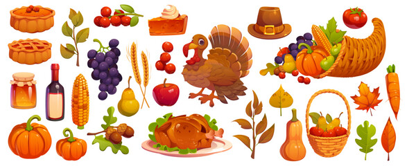 Happy Thanksgiving holiday characters and harvest food, vector autumn feast. Cartoon Thanksgiving Day dinner turkey, pumpkin pies and fall leaves, harvest cornucopia, vegetables, pilgrim hat and wine