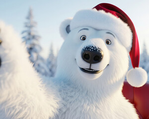 Happy cartoon polar bear in a santa hat taking a selfie in a snowy winter forest in a charming illustration style