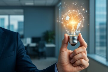 Businessman holding lightbulb with glowing particles in office environment