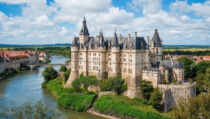 Historic fortress surrounded by vibrant flora and flowing river, showcasing classic architecture and aged rooftops.