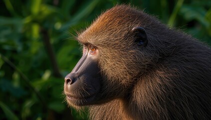 Detailed side view of a baboon highlighting its fur texture and thoughtful look