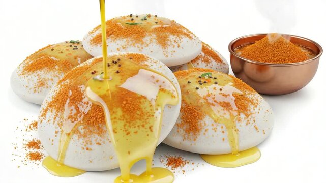 Idli with chutney powder isolated on white background