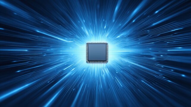 Dynamic Microchip with Radiating Light Effect Showcasing Technology and Innovation in a Futuristic Digital Environment