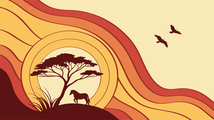 Stylized african savanna landscape with acacia tree silhouette horse and birds in warm sunset colors