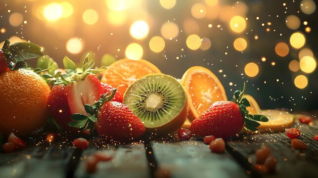 Colorful Fruit Arrangement with Bokeh Background and Sparkle Effects