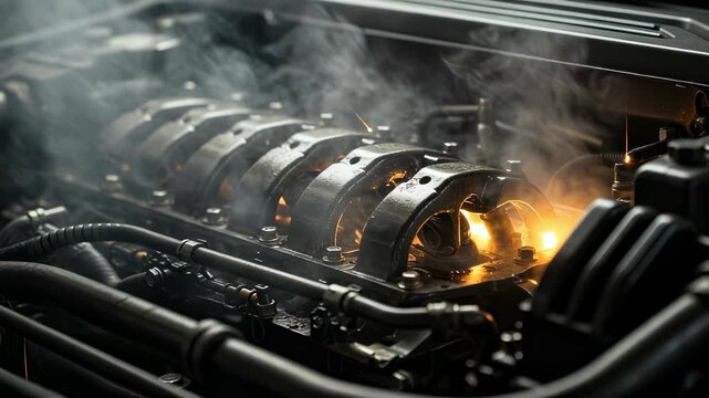 Hot car engine glowing with warm yellow light and smoke from burning for vehicle maintenance and repair footage