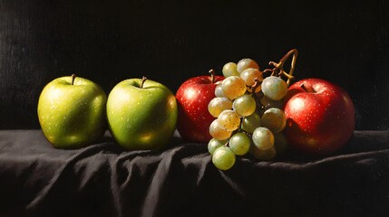 Still Life with Green Apples, Red Apples and Grapes on Black Background