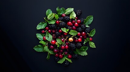 Fresh Berries and Mint Leaves on Dark Background for Healthy Desserts